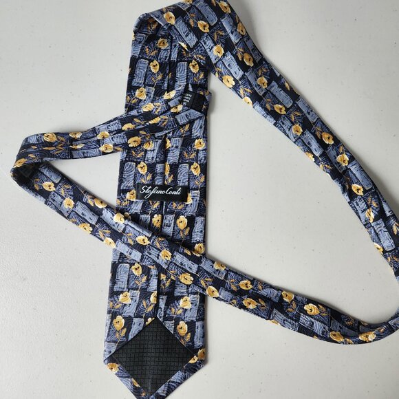 Stefano Conti 100% Italian Silk Tie – Floral Check Blue Yellow – Made in Canada - Picture 4 of 5